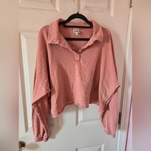 Belle Du Jour salmon pink long sleeve crop top with a collar Large